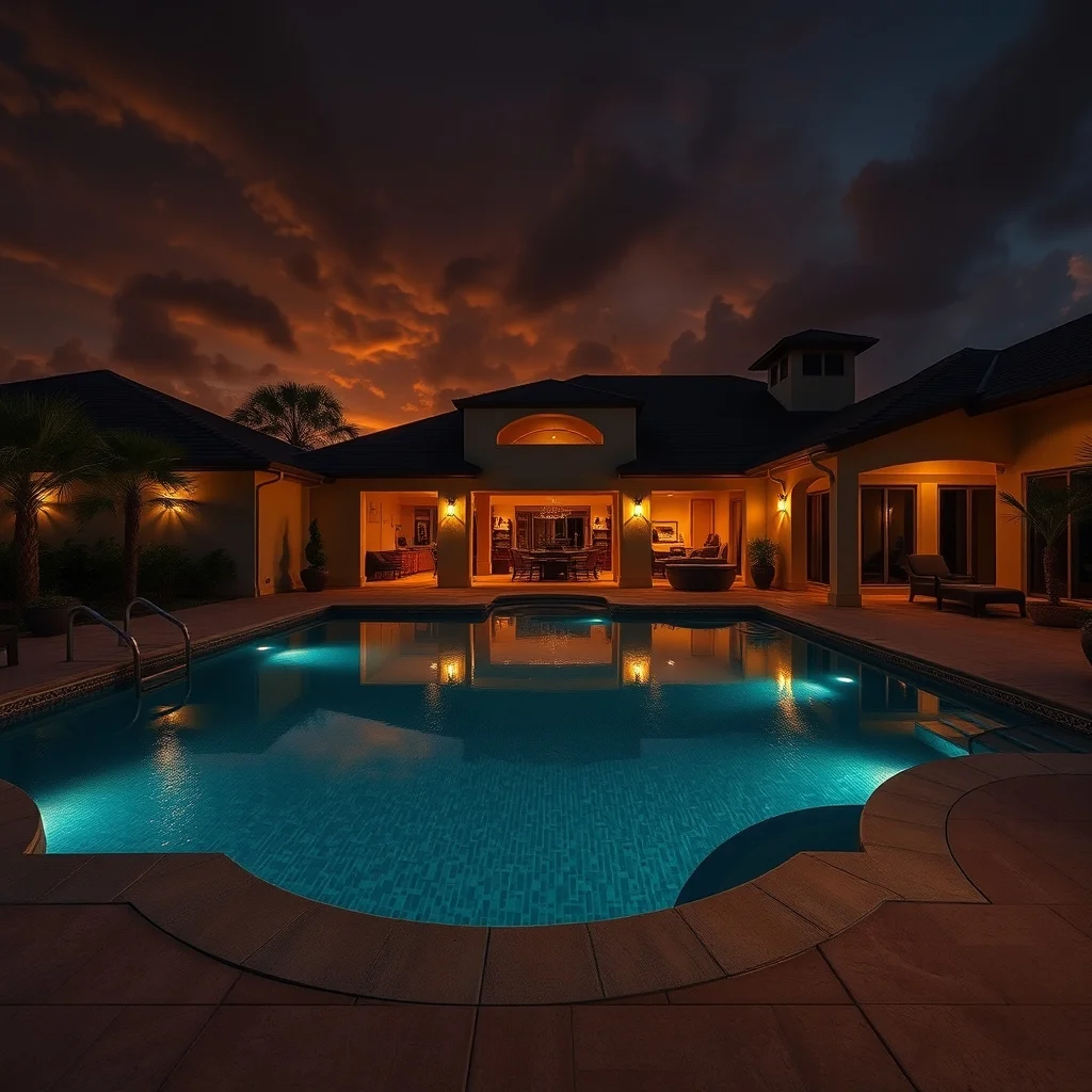 Luxury resort-style swimming pool and patio at sunset in Florida